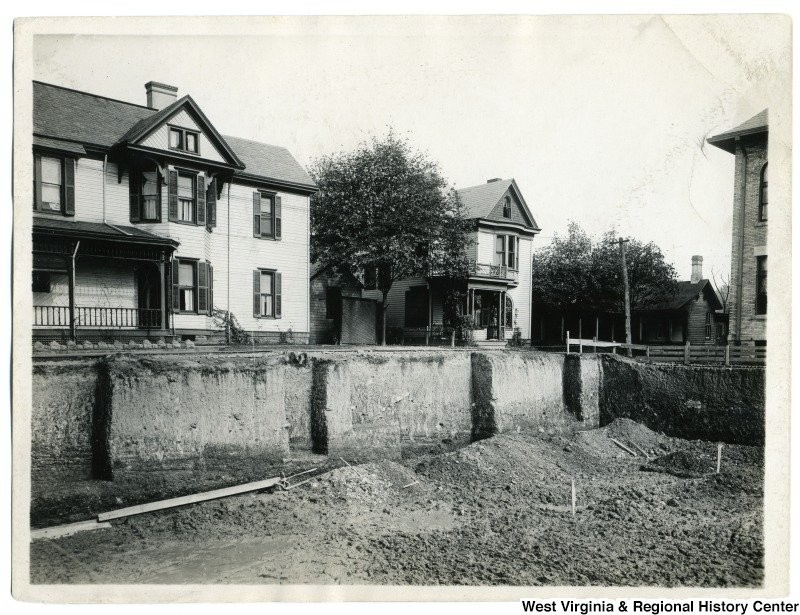 'Excavation for Morgantown High School-18 feet deep. (Wall Street is shown here).' ca. 1940. Courtesy of West Virginia and Regional History Center.