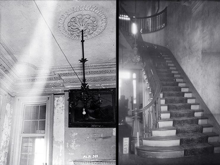 The front parlor and the spiral staircases that were common in plantation houses in the south.