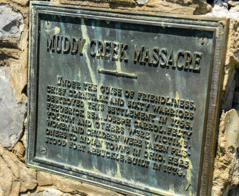A historical marker for the 1763 Muddy Creek Massacre is located at the site of Arbuckle's Fort.