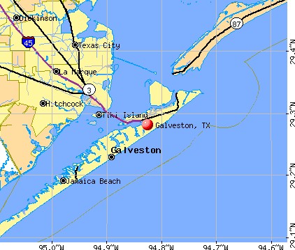 This map of Galveston, Texas shows the geography of the city and its likeness to an island.