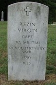 Grave of Rezin Virgin, a former participant in Revolutionary War and brother of Lucy. His is one of many other graves that can be found within the cemetery.