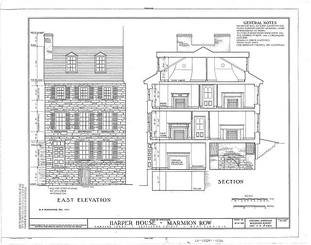 A measured drawing of the Harper House from the Historic American Buildings Survey.