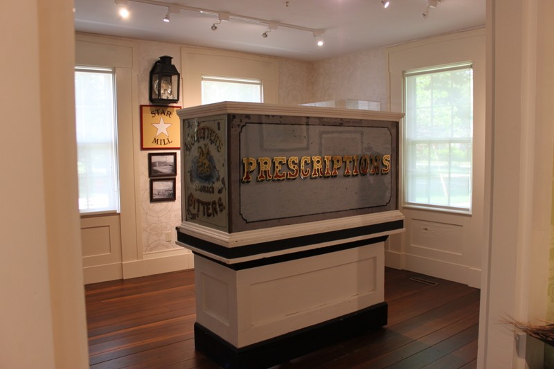 This pharmacy counter was brought to Milan from New York on a sailboat on the Great Lakes and then by canal boat on the Milan Canal.