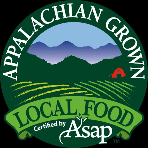 Green colored badge with fields and mountains in the background with the caption, "Appalachian grown, local food certified by ASAP."