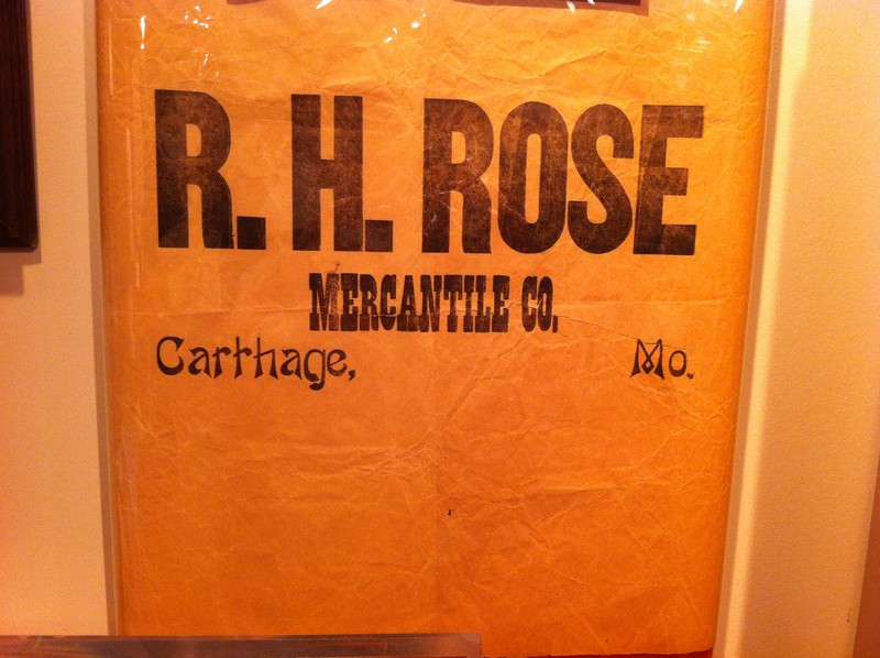 R. H. Rose Mercantile Company packing tissue from the turn-of-the-twentieth-century as displayed in 175th Anniversary of Carthage Exhibit in 2017.