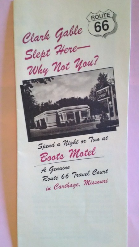 Brochure for Boots Motel produced by the Fergusons in the 1990s. Features c.1940 image of motel. Displayed during 2017's exhibit "175th Anniversary of Carthage" at Powers Museum.