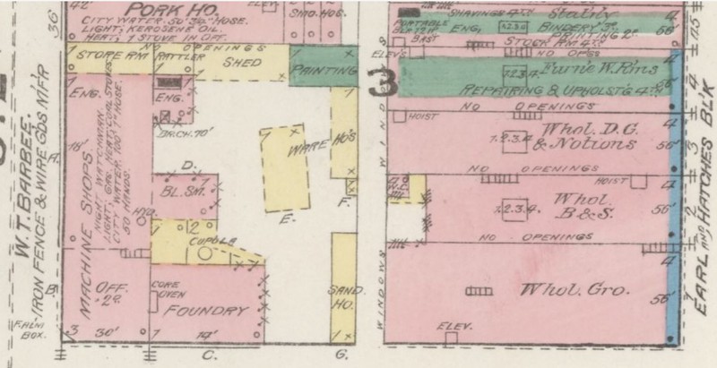 Earl and Hatcher Block (lower right) at 1 to 4 N. Third St. in 1885 (Sanborn Map Company p. 2)