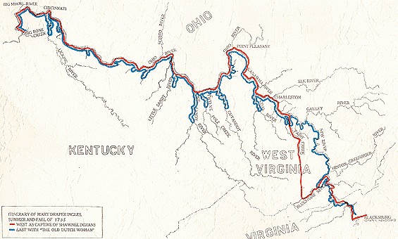 The map of where Mary Ingles traveled.