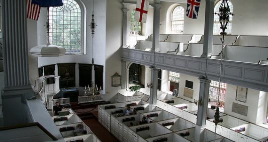 Inside the Old North Church where talks of liberty and loyalty occurred in the weeks leading up to the start of the revolution.