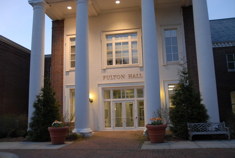 Fulton Hall main entrance at night, 2009