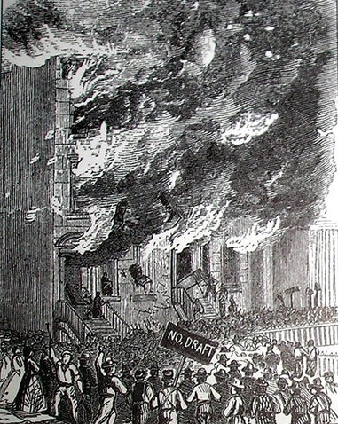 This illustration shows a building on Lexington Avenue being consumed by flames. 