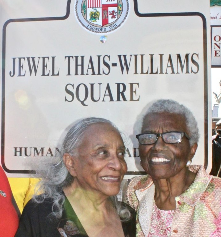 Rue Thais-Williams (left) and her wife Jewel Thais-Williams (right) at the dedication of a street corner square in Jewel's honor (2019)