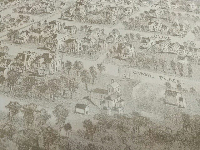 Cassil Place detail, 1891 Carthage print (reproduction) held in Powers Museum collection. Original print was displayed in 2017 exhibit that honored the 175th Anniversary of Carthage, Missouri. This area is now 700 and 800 blocks of West Central Ave.