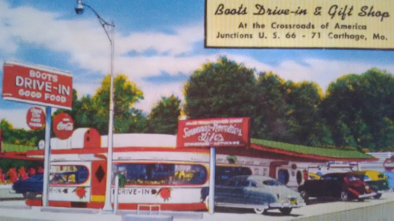 Postcard of Boots Drive-In shortly after opening. Boots also enticed patrons with "Souvenirs, Novelties and Gifts" as advertised on one of its outdoor signs. Postcard was displayed in the 175th Anniversary of Carthage exhibit in 2017.