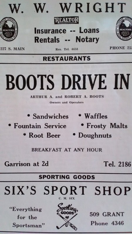 1947 Carthage City Directory advertisement for Boots Drive-In. According to early signage on the property seen in various postcard views, donuts sold for 10 cents, toasted ham sandwiches were 20 cents and chili - "none better" - sold for 20 cents.