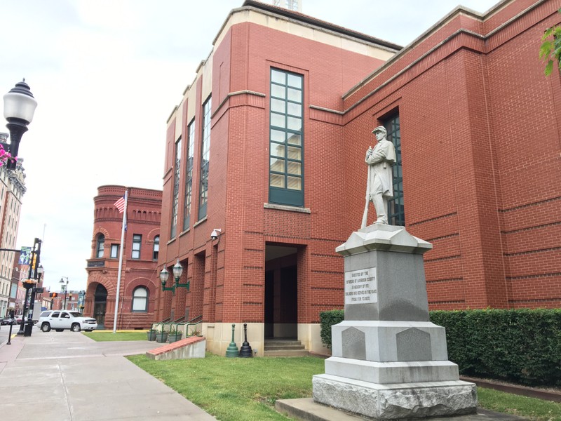 Photo of the statue at its current location outside the Clarksburg City Building.