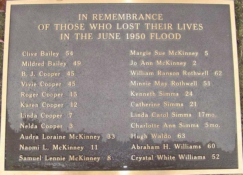 Memorial marker for those who perished in the flood of 1950, located at the Smithton Depot. 