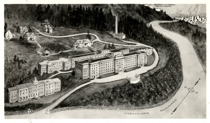 Black and white drawing depicts a large neoclassical building surrounded by three smaller attached buildings, against a background of forested hills dotted with trees and homes. Around the bend of the hill in the upper right is visible campus identified as "University of Oregon Medical School."