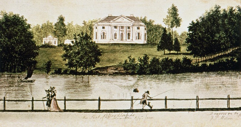 A c.1792 watercolor of the Woodlands by James Peller Malcom, showing the mansion as seen from the bridge at Grey's Ferry on the Schuylkill River.