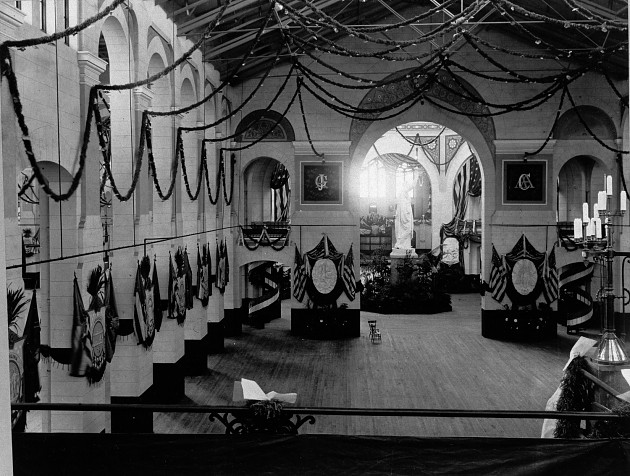 The West Hall of the National Museum decorated for the inaugural ball of President James Garfield in 1881. Photo courtesy of the Smithsonian Institution Archives. 