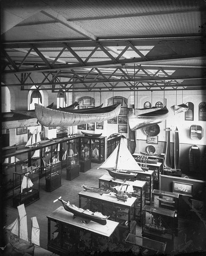 The National Museum's Water Transportation exhibit displayed canoes, sailing craft, and steamboats. Photo circa 1890s, courtesy of the Smithsonian Institution Archives. 
