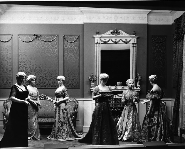 The First Ladies dresses exhibit was first on display at the Arts and Industries Building. Photo circa 1955, courtesy of the Smithsonian Institution Archives. 
