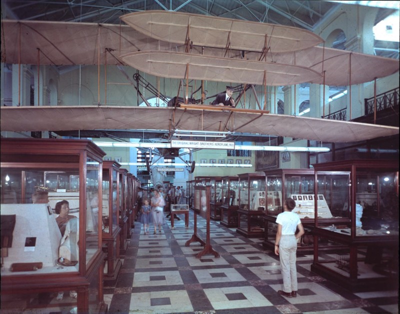 The 1903 Wright Flyer hangs in the North Hall of the Arts and Industries Building. Photo circa 1950s, courtesy of the Smithsonian Institution Archives.