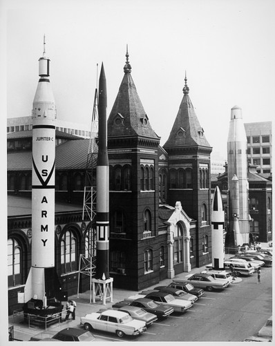 "Rocket Row" displayed historically-significant rockets before the National Air and Space Museum's building opened. Photo circa 1967, courtesy of the Smithsonian Institution Archives.
