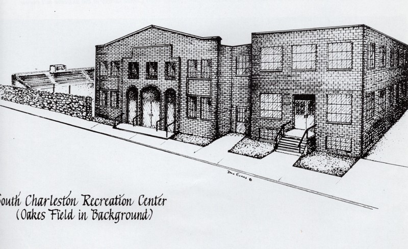 Pen-and-ink rendering of the Oakes Field Gymnasium and adjacent South Charleston Recreation Center. The Rec Center was sold when the new Community Center was built. The Rec Center was first converted into apartments, then later torn down.