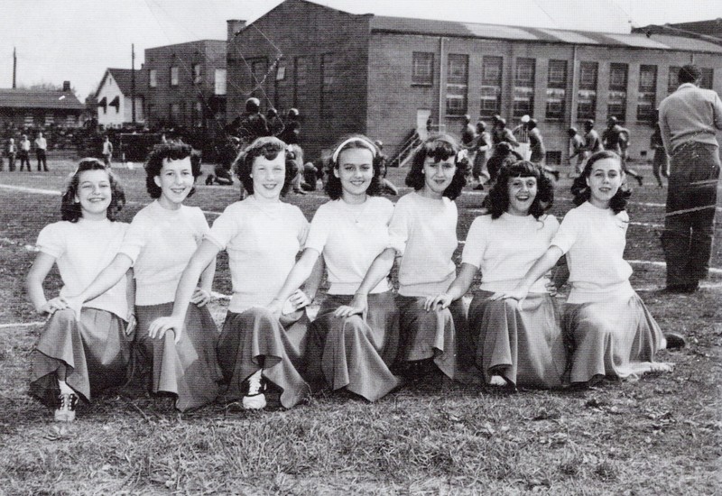 South Charleston Junior High School cheerleaders on the field in the 1940s, soon after the field was completed. Courtesy of South Charleston Museum.