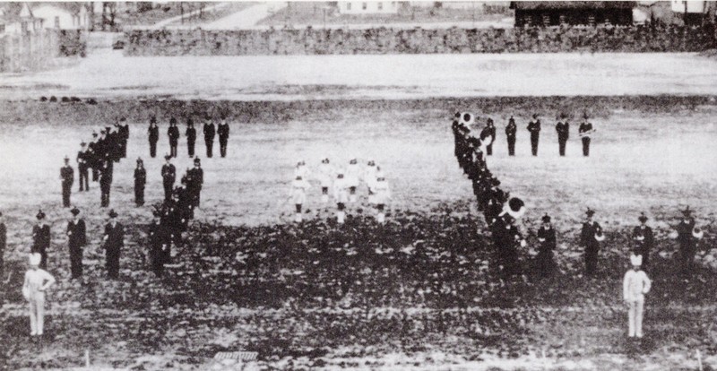 The South Charleston High School Band at Oakes Field in 1942. The field was only a year old, and the previous year SCHS's football team was undefeated for the first time. Courtesy of South Charleston Museum.