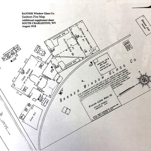 A map of the Banner Glass site. The factory was located on the site of the current Rite Aid, with its entrance in nearly the same spot. Another Belgian glass company, Dunkirk, was located at the present site of the Dow Chemical headquarters.