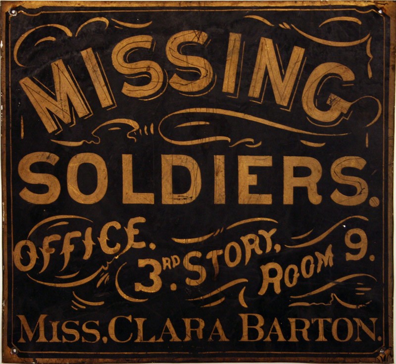 The original sign of Clara Barton Missing Soldiers Office, one of over a thousand artifacts discovered when the third floor room was reopened in 1996. 