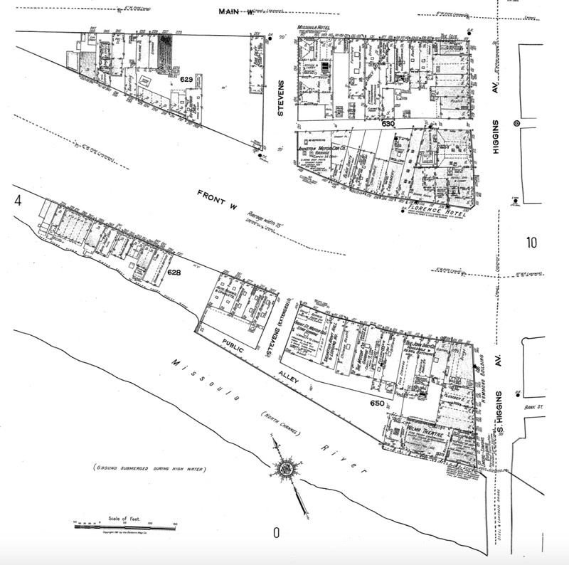 This 1921 Sanborn Fire Insurance Map shows the Wilma Theatre was part of/within the Smead-Simons Building, which was right next to the river. It was also part of a series of other businesses and hotels along and just off Higgins. The map shows a few features of the building as well. The lobby and restaurant are labeled on the map, as is the stage, and the swimming pool in the basement. It states it was built in 1920 and that there is fireproof construction everywhere except the auditorium ceiling. A side note outside the building reveals there is an ornamental front with characteristics that extend around the building, and that the wall facing the river is full of windows.  