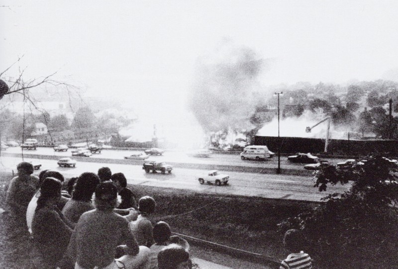 The 3-day Evans Lumber fire in May 1977, as viewed from across the  I-64 Freeway. The freeway had only been completed the year before.