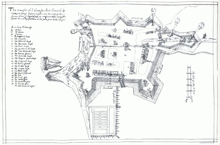 This map of Popham Colony was drawn by colonist John Hunt, showing the details and organization of the colony.