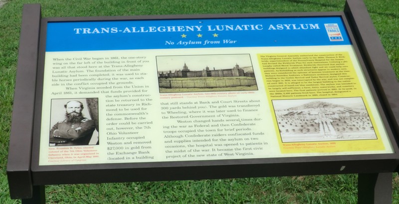 Historical marker regarding the asylum's role in the Civil War and Jones-Imboden Raid.