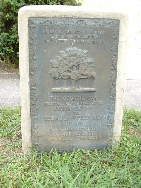 A marker points out the location of the Council Oak, the spot where the Seminole chiefs held their meetings.