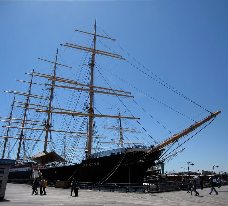 The Peking is a four-masted ship constructed in 1911, one of many ships on display at the South Street Seaport Museum 
