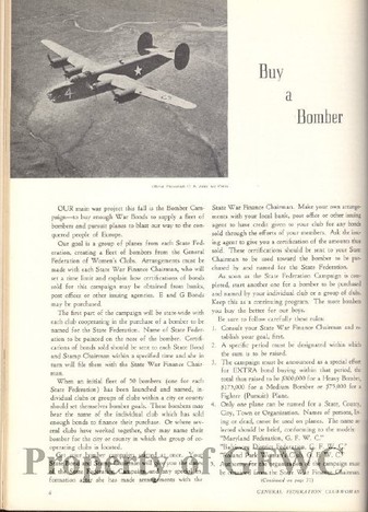 An American B-24 bomber is used to illustrate the "Buy A Bomber" campaign in a GFWC publication advertising war bonds. Courtesy of the GFWC.