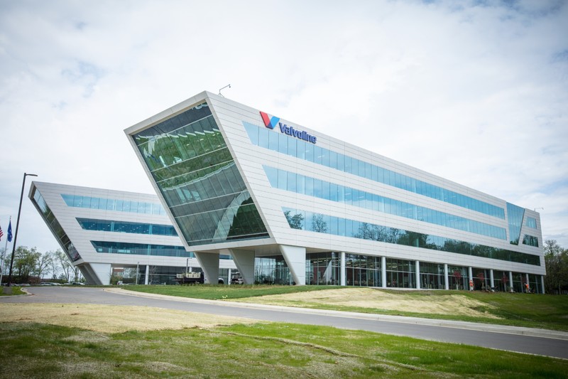 The headquarters is styled as a "V", matching the company's logo as a stylistic choice to stand out.