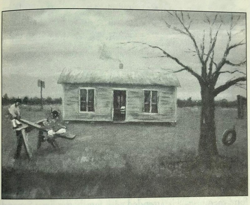 black and white painting of Judon Schoolhouse