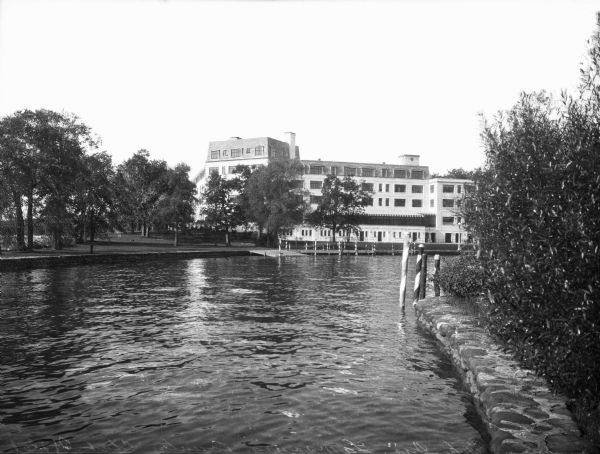 A view of the Lawsonia Hotel (now Roger Williams Inn) from Green Lake.