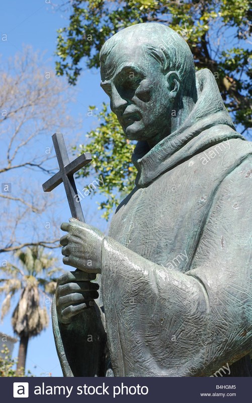 Close-up of the memorial to Serra at the State Capitol Park. Serra's canonization in 2015 by Pope Francis was protested by Native Americans in California, many of whom see Serra as representative of Spain's cruel colonization of their ancestors.