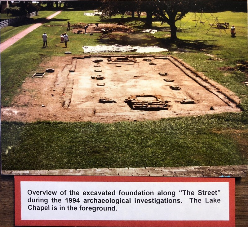 1994 archaeological excavation of the Lake Chapel in the foreground.