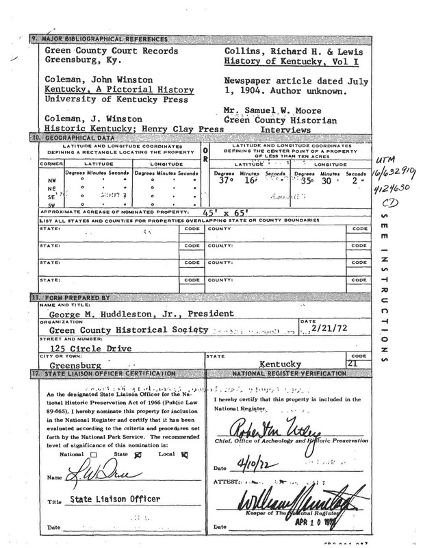 Nomination Form for National Historical Places Page 1