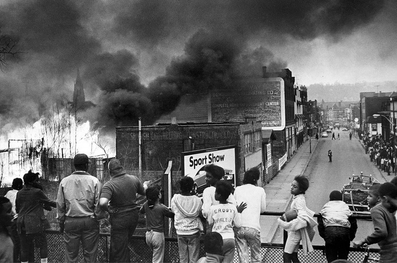 Fire from the lumberyard rages on Homewood Ave, April 1968