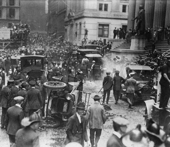 On September 16, 1920, person or persons unknown exploded a bomb in front of 23 Wall Street, then as now the offices of J.P. Morgan Inc., causing 400 injuries, some of them horrific, and 33 deaths.
