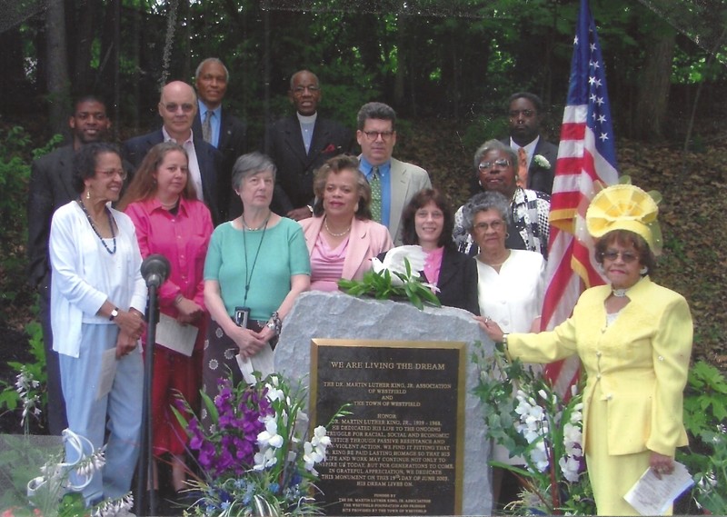 Dr. King Association at the monument dedication, 2005. L-R: Sylvia Ballatt, Elizabeth Wolf, Carol LaPierre, Patricia Faggins, Carol Molnar, Hattie Harris, Dolores Graves, LaVar Harris, William Foley, Andrew H. Lee, Julie Purnell, Donnell Carr, Rev. Leon Randall, Nathan Hollis