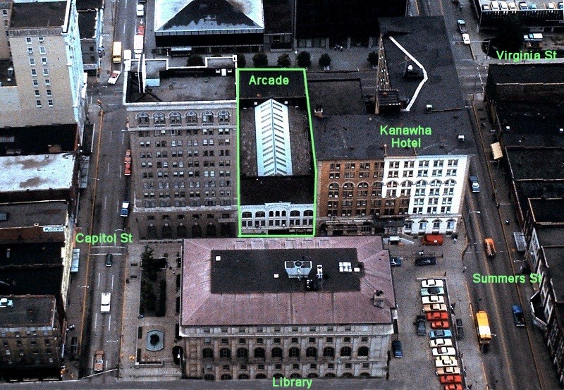 Aerial view of both the Arcade and the Hotel Kanawha. The Arcade was to be demolished and replaced with a parking lot for the restored hotel. 